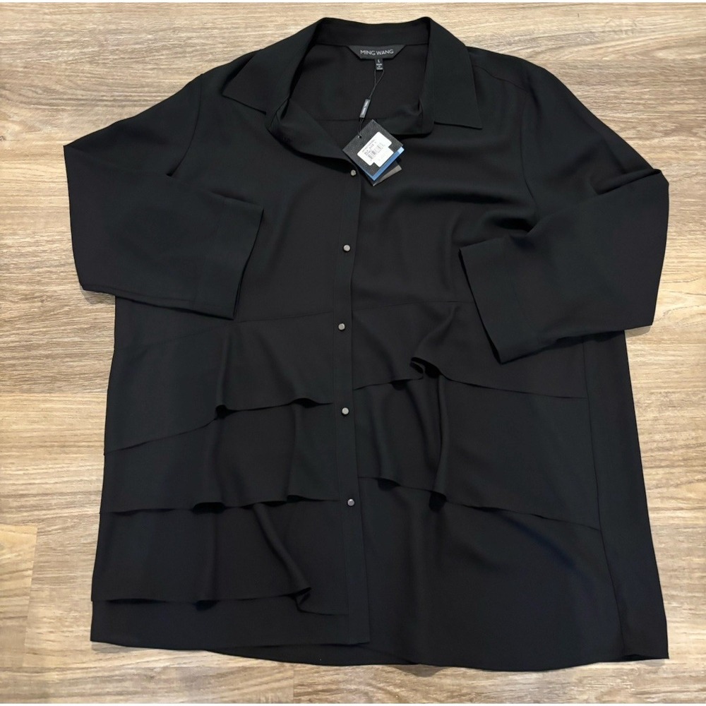 NWT Ming Wang Large Top Blouse Shirt Black Oversized Button Up Ruffle New